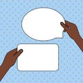 Hands Holding Two Empty Tablets One Rectangular in Left Hand Another in Form of Oval Speech Bubble in Right One