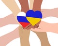 Hands holding two hearts in the shape of the Ukrainian and Russian flags. Supporting the people against the war. Let there be