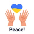 hands holding Ukrainian flag heart shape pray for Ukraine peace save Ukraine from russia stop war concept Royalty Free Stock Photo