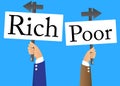 Hands holding up banners with Poor or Rich words with arrows. Royalty Free Stock Photo