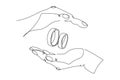 Hands holding a wedding rings continuous line drawing. One line art of love, diamond, accessory, jewel, union of hearts Royalty Free Stock Photo