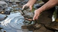 Hands holding wet mud and rock from a riverbed Royalty Free Stock Photo