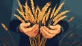 Hands holding wheat ears. illustration in flat cartoon style. Generative AI Royalty Free Stock Photo