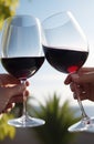 Hands holding wine clinking glasses outdoors. Cheers with wineglasses, close up on hands