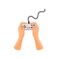 Hands holding wired controller remote, joystick, gaming concept vector Illustration on a white background
