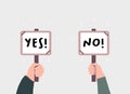 Hands holding Yes and No signs banners on wood stick cartoon. Concept of choice, voting, dilemma banner illustration Royalty Free Stock Photo