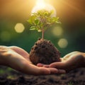 Hands holding young green sprout with soil on blurred nature background. Generative Ai Royalty Free Stock Photo