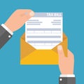 Hands holds envelope with tax declaration paper document. Tax day. Vector illustration in flat style - Vector Royalty Free Stock Photo