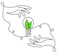 Hands holds slight bulb with leafs,one line art,hand drawn continuous contour.Green energy idea concept.Sign of environmental