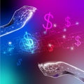 2 hands hologram grabbing money in the space galaxy space background Royalty Free Stock Photo