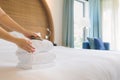 Hands of hotel maid bringing fresh towels to the room Royalty Free Stock Photo