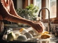 Hands of housewife washing dishes in at the kitchen sink near window Royalty Free Stock Photo