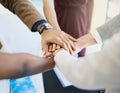 Hands, huddle and support with business people closeup in creative workplace for solidarity or unity. Collaboration Royalty Free Stock Photo