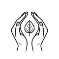 Hands hug the leaf. Black linear icon. Ecological emblem.