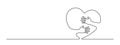 hands hugging a big heart continuous one line drawing, care concept black linear horizontal vector decorative element, editable