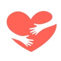 Hands hugging red heart. Hugs and support child, protection care concept. World heart day and cardiology logo. Love