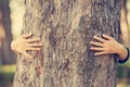 Hands hugging tree