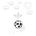 hands human holding the earth globe with tree, sun, rain cloud, line or doodle, hand drawing black and white, earth planet ecology Royalty Free Stock Photo