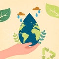 Hands human holding earth planet with water drop shape