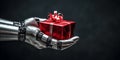 Hands of humanoid android cyborg, giving a red box gift on holiday event, christmas background, new years holidays, AI