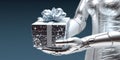 Hands of humanoid android cyborg, giving a silver box gift on holiday event, christmas background, new years holidays