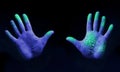 Hands Illuminated by Ultra Violet Light Showing Germs Royalty Free Stock Photo