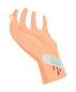 Hands injured skin and procedures of bandaging. First aid for wound. Medicine cure or treatment. First emergency help