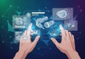 Hands interact with a digital holographic interface displaying Royalty Free Stock Photo