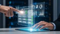 Hands reviewing an audit checklist on a futuristic digital interface with checkmarks and charts Royalty Free Stock Photo