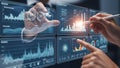 Hands interacting with futuristic holographic data analytics dashboard displaying charts and graphs Royalty Free Stock Photo