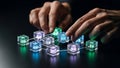 Hands interact with glowing blockchain cubes representing digital network technology Royalty Free Stock Photo