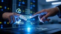 Hands interacting with a futuristic holographic interface activating cloud sync technology Royalty Free Stock Photo
