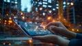 Hands interact with a tablet displaying digital data in an industrial setting at dusk Generative AI