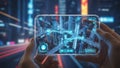 Hands holding transparent smartphone displaying futuristic augmented reality city map interface over blurred background Royalty Free Stock Photo