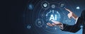Hands interacting with AI technology icons on a virtual interface