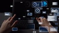 Hands Interacting with Digital Data on a Laptop Screen Showcasing Statistical Graphics and Analytics in a Modern Royalty Free Stock Photo