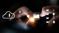 Hands Interacting with Digital Device for Cloud Storage and Data Security, Illustrating File Management and Information Royalty Free Stock Photo