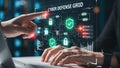 Hands interacting with a futuristic cyber defense grid interface on a screen cyber security Royalty Free Stock Photo