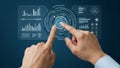 Hands Interacting With Futuristic Digital Data Interface Displaying Charts And Graphs technology Royalty Free Stock Photo