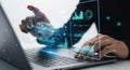 Hands interacting with futuristic digital interface data analysis technology on laptop Royalty Free Stock Photo