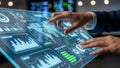 Hands interacting with a futuristic digital interface displaying world map and data analytics Royalty Free Stock Photo