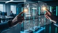 Hands interacting with futuristic digital interface showing approval and data analysis screens Royalty Free Stock Photo