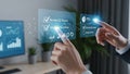 Hands interacting with a futuristic digital interface showing task list and data analysis charts Royalty Free Stock Photo