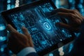 Cyber Security Network Data Analysis with Futuristic Digital Interface and Lock Icon on Tablet Royalty Free Stock Photo