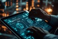 Futuristic Digital Interface on Tablet Display with Hands Interacting, Futuristic Technology and Data Visualization Royalty Free Stock Photo