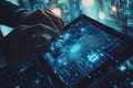 Hands Interacting With Futuristic Digital Interface on Tablet Showing Global Network and Data Flow Royalty Free Stock Photo