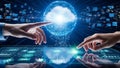 Hands interacting with futuristic holographic cloud computing and data interface technology Royalty Free Stock Photo