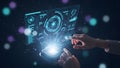 Hands Interacting With Futuristic Holographic Data Display Royalty Free Stock Photo