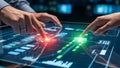Hands interacting with futuristic holographic data display showing charts and graphs technology Royalty Free Stock Photo