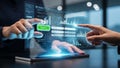 Hands interacting with futuristic holographic interface displaying data charts and approve button Royalty Free Stock Photo